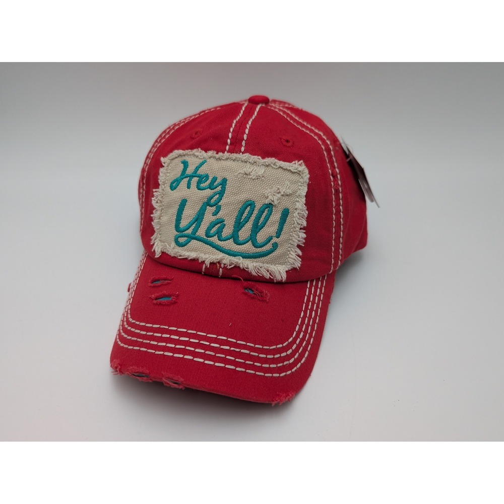 Hey Yall Distressed Vintage Southern Hat Stitch Baseball Cap Women OS Red NWT